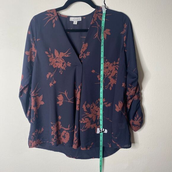 Evereve Allison Joy Alexa Crossover Top Navy & Brown Floral 3/4 Sleeve VNeck XS - Picture 11 of 13